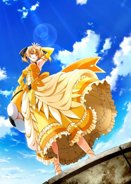 Anime picture 1024x1440 with taiyou no promia elegano von kreutzer single tall image short hair blue eyes blonde hair game cg sky cloud (clouds) sunlight girl dress detached sleeves