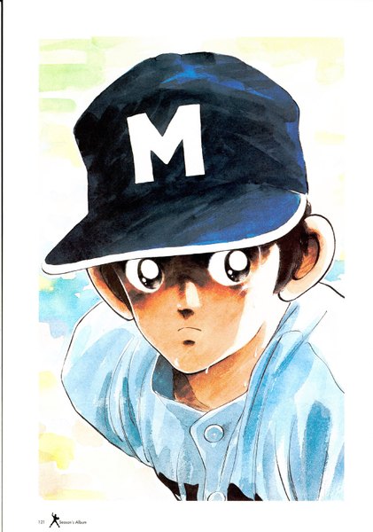 Anime picture 1100x1569 with touch tatsuya uesugi single tall image short hair brown hair black eyes scan sweat oldschool 80s boy baseball cap baseball uniform