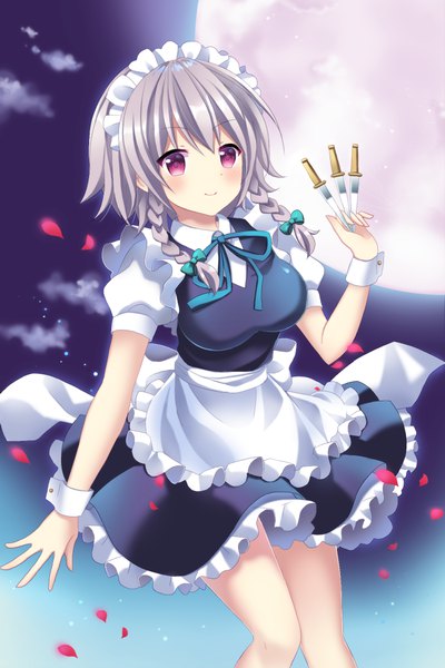 Anime picture 684x1024 with touhou izayoi sakuya mayo (miyusa) single tall image blush short hair smile looking away silver hair braid (braids) pink eyes maid twin braids girl uniform petals headdress maid headdress moon