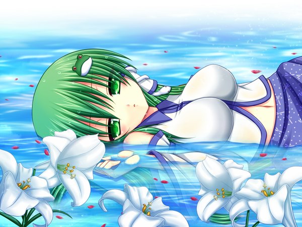 Anime picture 1600x1200 with touhou kochiya sanae asazuki kanai single long hair green eyes green hair girl flower (flowers) detached sleeves petals water snake frog