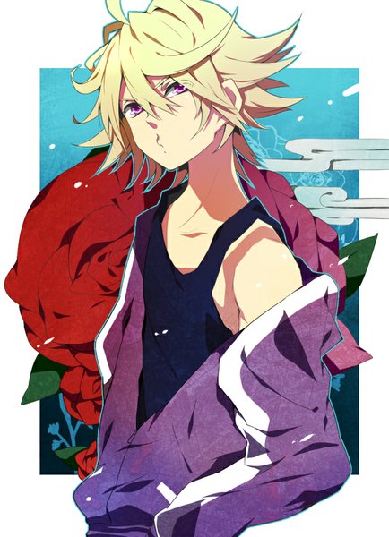 Anime picture 600x828 with tiger & bunny sunrise (studio) ivan karelin akishima kei single tall image looking at viewer short hair blonde hair purple eyes bare shoulders ahoge border hand in pocket outside border boy flower (flowers)