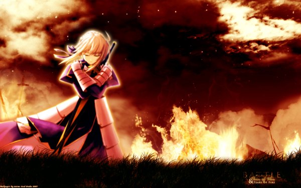 Anime picture 2560x1600 with fate (series) fate/stay night studio deen type-moon artoria pendragon (all) saber shingo (missing link) single highres short hair blonde hair wide image cloud (clouds) eyes closed third-party edit girl ribbon (ribbons) hair ribbon sword armor