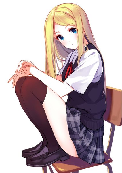 Anime picture 900x1273 with original caidychen single long hair tall image looking at viewer blush blue eyes simple background blonde hair white background zettai ryouiki plaid skirt squat jpeg artifacts girl thighhighs skirt uniform black thighhighs