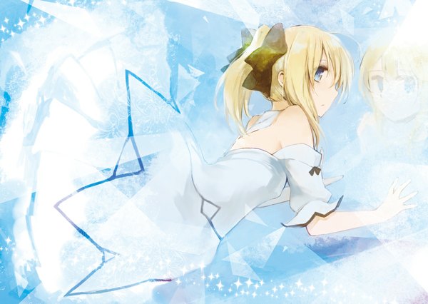 Anime picture 1049x745 with fate (series) fate/stay night studio deen type-moon artoria pendragon (all) saber lily single blue eyes blonde hair bare shoulders ahoge ponytail lying looking back back reflection girl dress bow hair bow