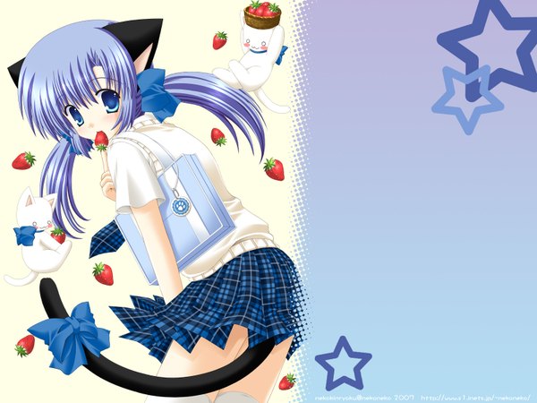 Anime picture 1600x1200 with original highres animal ears tail cat ears zettai ryouiki thighhighs uniform school uniform food berry (berries) strawberry