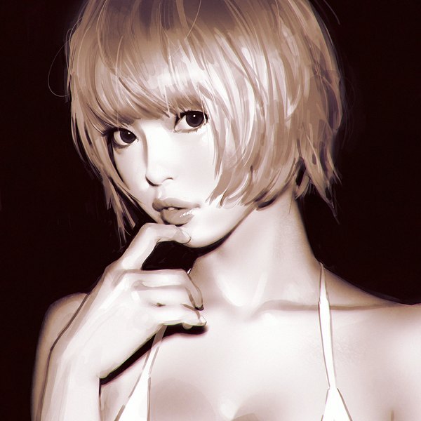 Anime picture 1080x1080 with real life mogami moga ilya kuvshinov single looking at viewer fringe short hair simple background blonde hair parted lips head tilt lips black eyes realistic finger to mouth black background portrait girl swimsuit