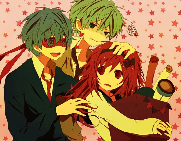Anime picture 1125x879 with happy tree friends kurita kuma short hair open mouth red eyes green eyes red hair green hair multiple boys hand on head clenched teeth personification girl boy necktie hairband star (symbol) 2 boys box