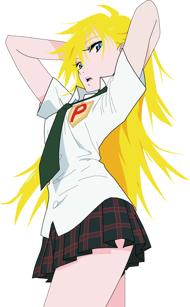 Anime picture 5250x8484 with panty & stocking with garterbelt anarchy panty long hair tall image highres blue eyes blonde hair absurdres arms up transparent background arms behind head girl skirt shirt necktie