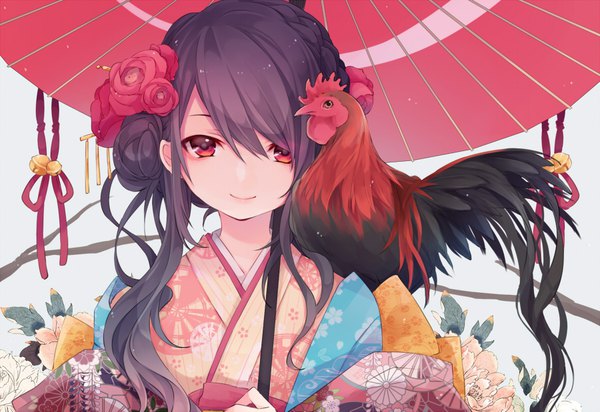 Anime picture 900x619 with original kuroi (liar-player) single long hair looking at viewer fringe black hair simple background smile hair between eyes red eyes upper body traditional clothes japanese clothes hair flower hair bun (hair buns) new year girl flower (flowers) kimono
