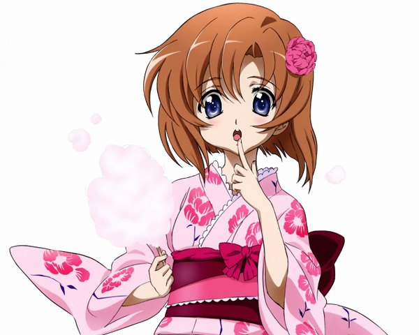 Anime picture 1280x1024 with higurashi no naku koro ni studio deen ryuuguu rena single looking at viewer blush fringe short hair open mouth blue eyes simple background hair between eyes brown hair white background holding payot long sleeves japanese clothes hair flower wide sleeves