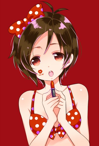 Anime picture 600x888 with idolmaster idolmaster cinderella girls doumyouji karin ohlala single tall image looking at viewer short hair open mouth light erotic simple background red eyes brown hair upper body ahoge :o red background polka dot lipstick mark girl