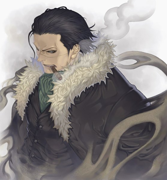 Anime picture 928x1000 with one piece toei animation sir crocodile katsutake single tall image short hair black hair simple background white background yellow eyes looking away scar sand smoking boy fur neckerchief cigar