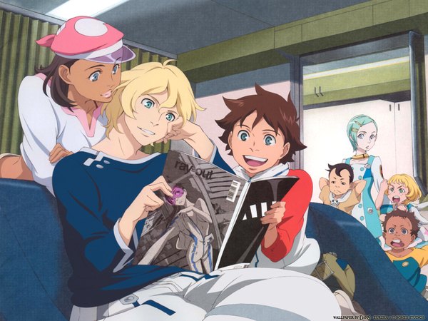 Anime picture 1600x1200 with eureka seven studio bones eureka renton thurston maurice maeter gidget moon dogie open mouth smile lipstick dark skin group arms behind head reading girl boy hat couch child (children)