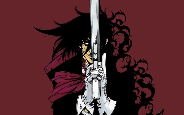 Anime picture 1920x1200 with hellsing alucard (hellsing) single long hair highres black hair simple background smile red eyes wide image teeth fang (fangs) red background boy gloves weapon gun neckerchief