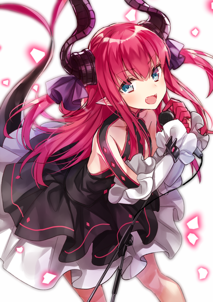 Anime picture 565x800 with fate (series) fate/extra fate/extra ccc elizabeth bathory (fate) (all) elizabeth bathory (fate) yuzuki karu single long hair tall image looking at viewer blush open mouth twintails pink hair :d horn (horns) aqua eyes from above pointy ears fang (fangs)