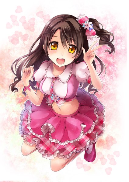 Anime picture 1000x1414 with idolmaster idolmaster cinderella girls shimamura uzuki sakura ran single long hair tall image blush open mouth black hair yellow eyes midriff one side up girl dress navel bow hair bow frills