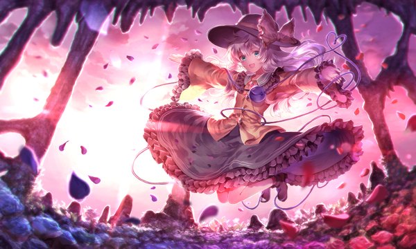 Anime picture 1750x1050 with touhou komeiji koishi sunakumo single long hair looking at viewer highres open mouth blue eyes wide image white hair spread arms jumping heart of string girl dress flower (flowers) bow hat petals