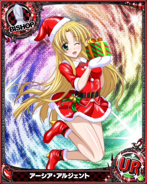 Anime picture 640x800 with highschool dxd asia argento single long hair tall image blush open mouth blonde hair green eyes bent knee (knees) one eye closed wink fur trim christmas card (medium) girl dress hat shoes fur