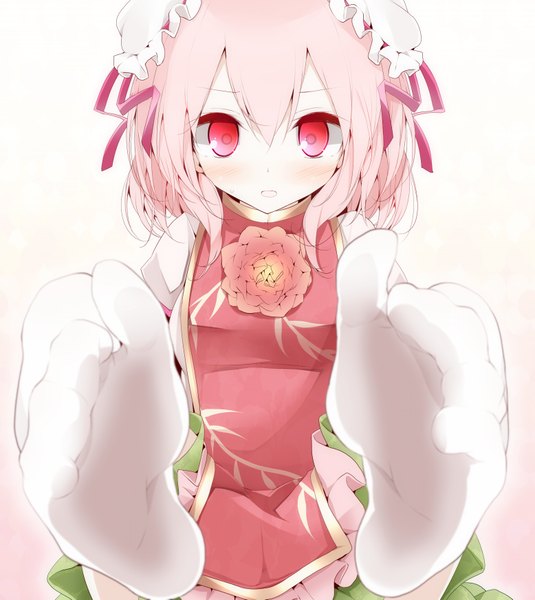Anime picture 1556x1743 with touhou ibaraki kasen oouso (usotsukiya) single tall image looking at viewer blush short hair open mouth simple background red eyes white background pink hair barefoot legs chinese clothes girl thighhighs ribbon (ribbons) hair ribbon