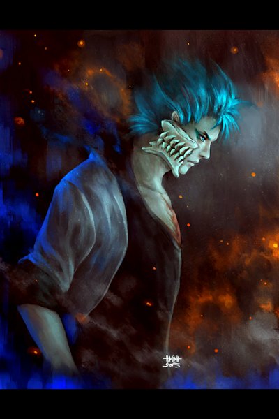 Anime picture 700x1050 with bleach studio pierrot grimmjow jeagerjaques nanfe single tall image short hair blue eyes signed blue hair profile realistic facial mark dated letterboxed scar smoke hands in pockets injury espada