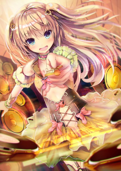 Anime picture 1637x2315 with original missle228 single long hair tall image looking at viewer blush open mouth blue eyes blonde hair smile standing open clothes two side up lacing outstretched hand girl hair ornament bow detached sleeves