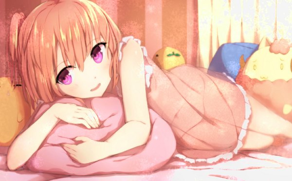 Anime picture 1119x697 with original fueru nattou single looking at viewer short hair wide image purple eyes pink hair lying girl dress pillow toy stuffed animal