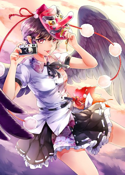 Anime picture 713x1000 with touhou shameimaru aya ninamo single tall image short hair sky purple hair cloud (clouds) pleated skirt pink eyes sunlight :p angel wings mask on head girl skirt shirt wings tongue