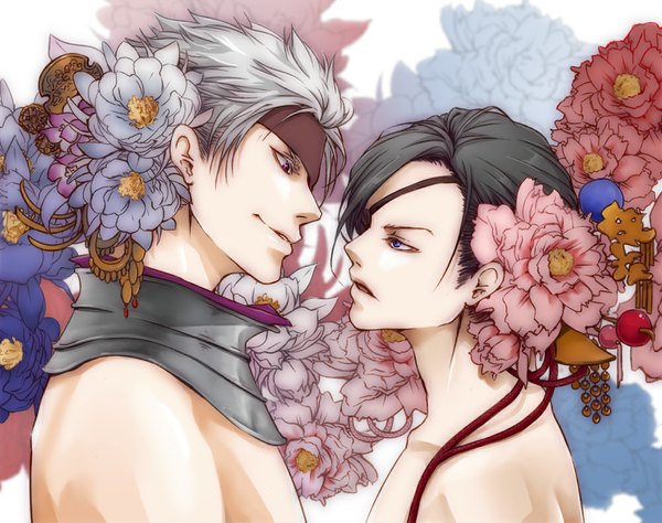 Anime picture 1000x790 with sengoku basara production i.g date masamune motochika chousokabe miwa bsr short hair open mouth blue eyes black hair red eyes bare shoulders profile hair flower grey hair multiple boys face to face boy hair ornament flower (flowers) 2 boys
