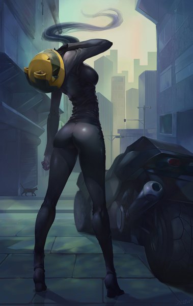Anime picture 1264x2000 with durarara!! brains base (studio) celty sturluson johnson zhuang single tall image standing holding animal ears long sleeves from behind cat ears city cityscape girl gloves black gloves building (buildings) bodysuit helmet