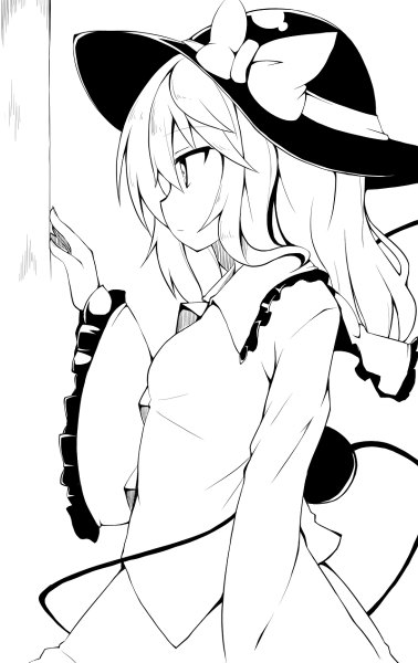 Anime picture 756x1200 with touhou komeiji koishi ominaeshi (takenoko) single long hair tall image breasts looking away white hair long sleeves profile wide sleeves monochrome flat chest messy hair girl dress bow hat headdress