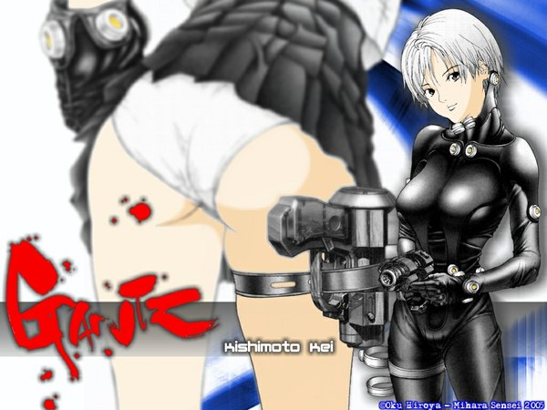 Anime picture 1024x768 with gantz gonzo kishimoto kei single short hair light erotic ass white hair girl weapon gun bodysuit pilot suit