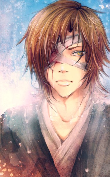 Anime picture 1000x1600 with sengoku basara production i.g date masamune uyre single tall image short hair simple background brown hair yellow eyes traditional clothes japanese clothes tears rain bandage over one eye boy kimono blood bandage (bandages) fireflies