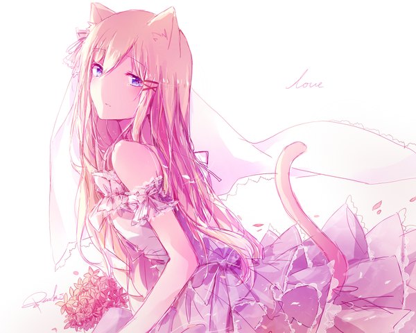 Anime picture 2000x1600 with original peneko single long hair looking at viewer blush fringe highres blue eyes simple background white background bare shoulders signed animal ears pink hair tail animal tail wind cat ears inscription