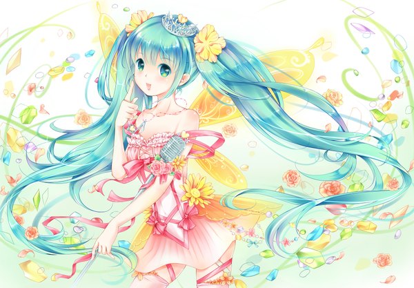 Anime picture 3600x2506 with vocaloid hatsune miku rina (artist) single highres open mouth twintails absurdres very long hair aqua eyes aqua hair girl dress flower (flowers) petals microphone crown