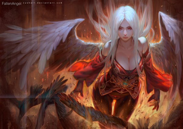 Anime picture 1000x707 with original krenz single long hair looking at viewer breasts red eyes large breasts standing bare shoulders white hair from above lips realistic inscription thigh gap glowing angel wings fantasy white wings