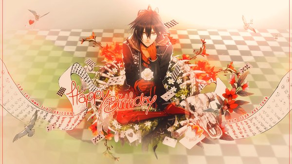 Anime picture 1920x1080 with amnesia idea factory shin (amnesia) eysaa single looking at viewer fringe highres short hair hair between eyes brown hair wide image sitting from above wallpaper checkered floor silver eyes floor happy birthday skeleton