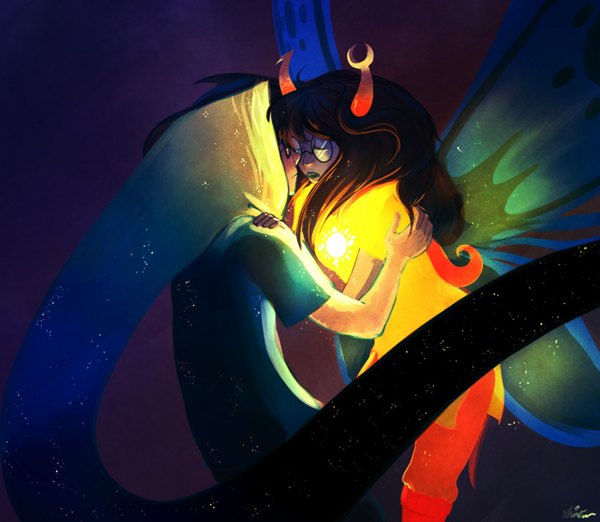 Anime picture 1280x1115 with homestuck john egbert vriska serket the everlasting ash long hair fringe short hair black hair signed lips dark background face to face insect wings butterfly wings wings glasses boots thigh boots
