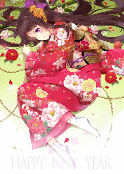 Anime picture 857x1200 with original hazuki natsu single long hair tall image looking at viewer blush black hair smile purple eyes traditional clothes japanese clothes profile new year happy new year seigaiha girl flower (flowers) petals socks