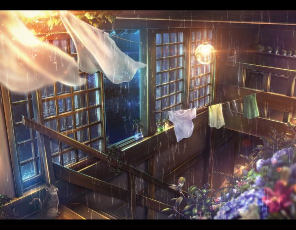 Anime picture 1280x993 with original ixaga indoors wind night light rain no people flower (flowers) plant (plants) animal water curtains cat clothes