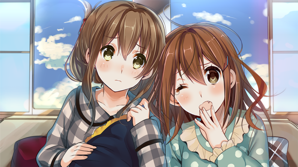 Anime picture 1000x562 with kantai collection inazuma destroyer ikazuchi destroyer okia long hair looking at viewer blush open mouth brown hair wide image multiple girls brown eyes yellow eyes sky cloud (clouds) one eye closed wink teeth fang (fangs) girl