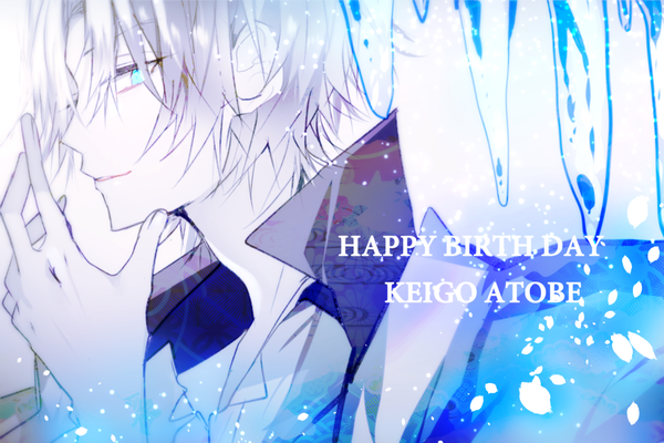 Anime picture 1000x667 with prince of tennis atobe keigo poni (rito) single looking at viewer short hair silver hair upper body profile aqua eyes light smile character names happy birthday boy petals