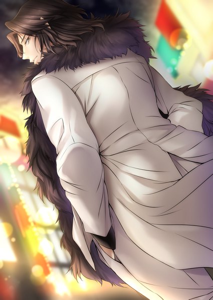 Anime picture 1032x1457 with drifters hijikata toshizo (drifters) mia (gute-nacht-07) single tall image looking at viewer short hair brown hair standing brown eyes outdoors profile looking back from behind from below fur trim hand in pocket boy fur coat