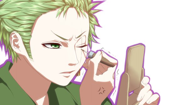 Anime picture 1280x720 with one piece toei animation roronoa zoro komomo1214 single short hair open mouth simple background wide image white background green eyes looking away one eye closed green hair wink boy mirror