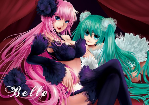Anime picture 2000x1423 with vocaloid hatsune miku megurine luka belle (artist) long hair looking at viewer highres open mouth blue eyes light erotic twintails multiple girls pink hair aqua hair crossed legs girl thighhighs dress black thighhighs 2 girls