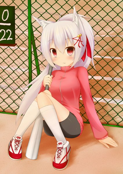 Anime picture 1253x1770 with original kazamatsuri kazari mizuki (kogetsu-tei) long hair tall image blush red eyes white hair ponytail fox ears fox girl girl socks white socks sweater leggings baseball bat