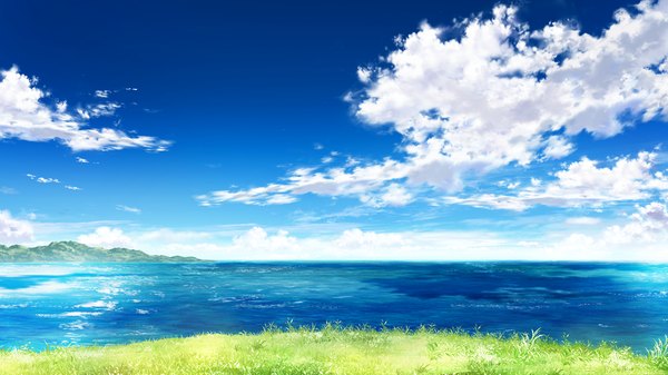 Anime picture 1280x720 with grisaia no kajitsu wide image game cg sky cloud (clouds) horizon mountain no people landscape sea