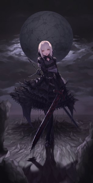 Anime picture 839x1646 with fate (series) fate/grand order artoria pendragon (all) saber alter jname single tall image looking at viewer fringe short hair open mouth hair between eyes brown eyes payot full body white hair dark background dark persona girl dress