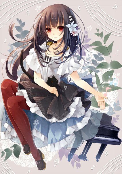 Anime picture 800x1131 with original puracotte single long hair tall image looking at viewer black hair red eyes hair flower girl dress hair ornament flower (flowers) animal cat musical instrument musical note piano