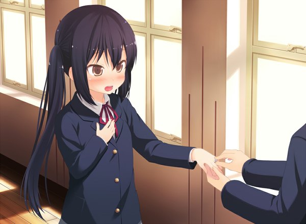 Anime picture 1000x733 with k-on! kyoto animation nakano azusa amamiya minato long hair blush open mouth black hair standing twintails brown eyes girl uniform school uniform window ring wedding band