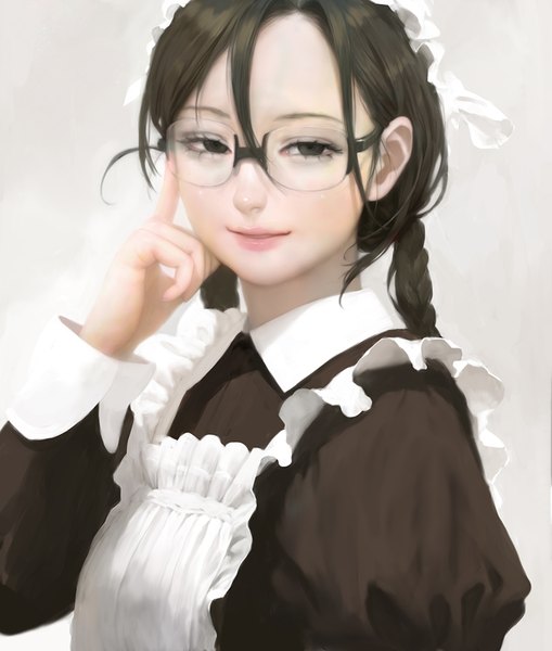 Anime picture 801x945 with original mujiha (mlog) single long hair tall image black hair simple background looking away upper body braid (braids) parted lips light smile lips black eyes grey background maid lipstick twin braids pink lipstick adjusting glasses